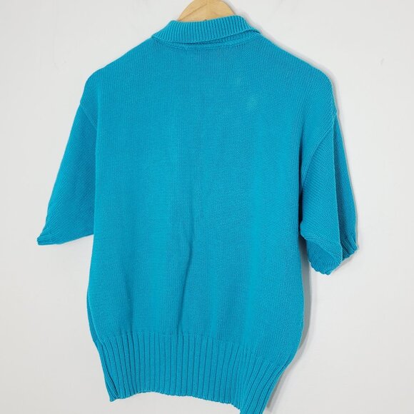 Vintage Blue 100% Cotton Collared Pocket Retro Knitted Short Sleeve Sweater Sz M - Picture 2 of 12